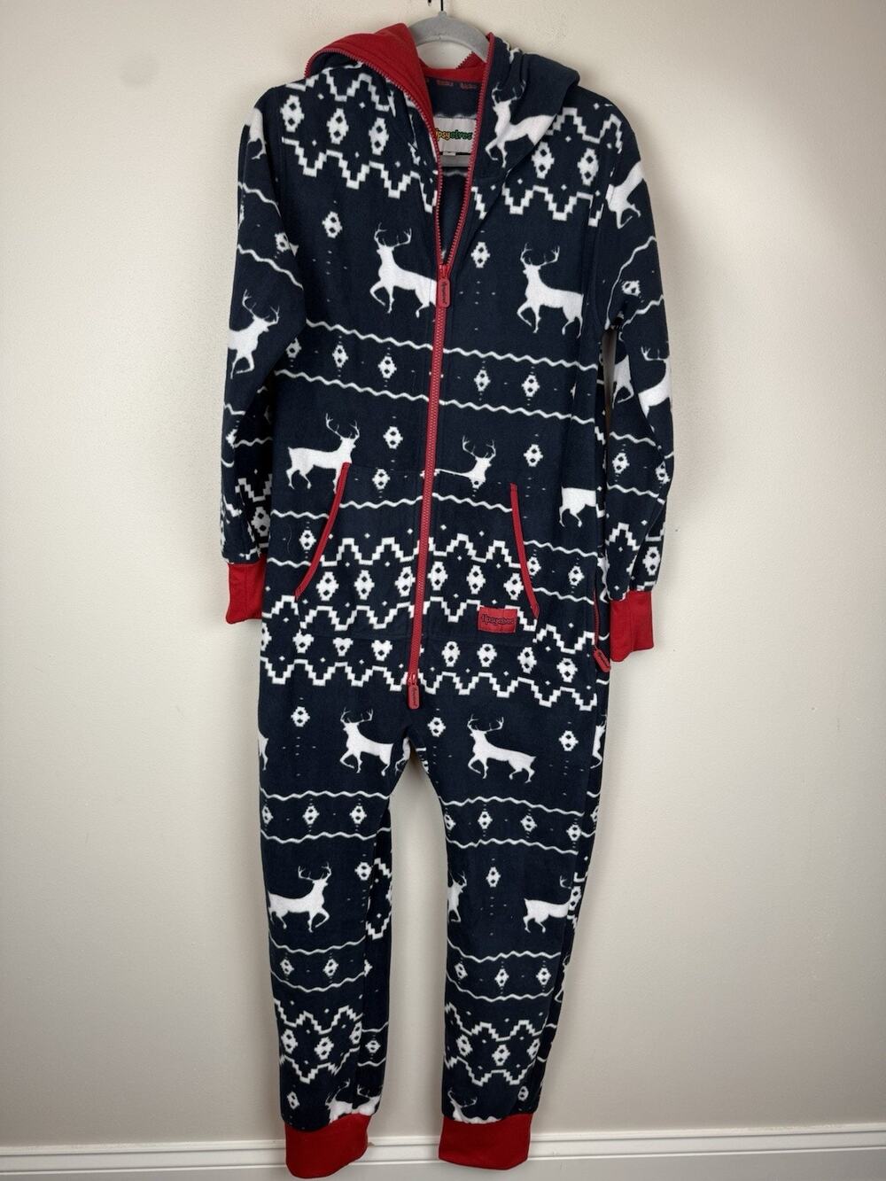 Tipsy Elves Blue Reindeer Fair Isle Jumpsuit Hooded Pajamas Sz Small